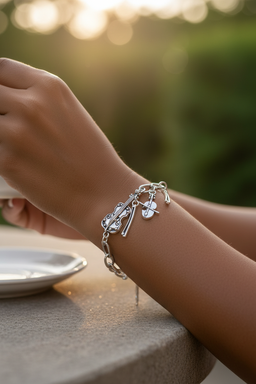 Silver Violin Charm Bracelet