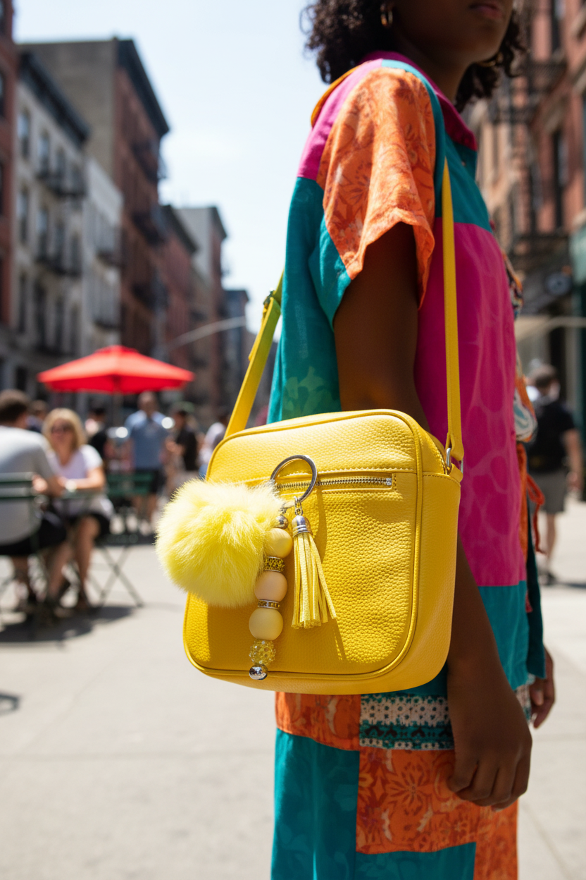 Yellow Pom-Pom Beaded Keychain with Tassel