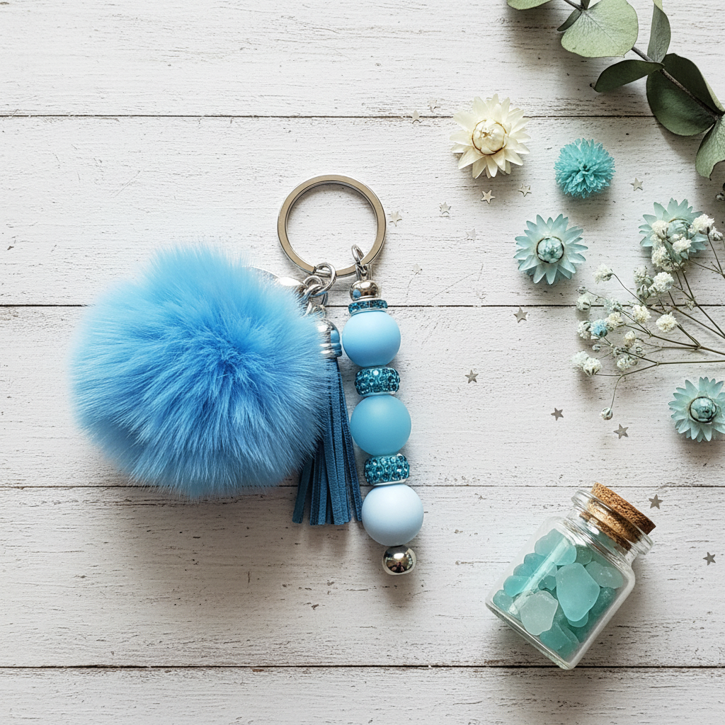 Blue Pom Pom & Rhinestone Beaded Keychain with tassel