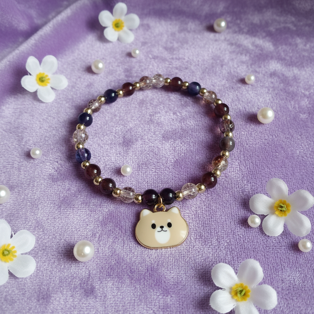 Beige Cat Charm Beaded Bracelet