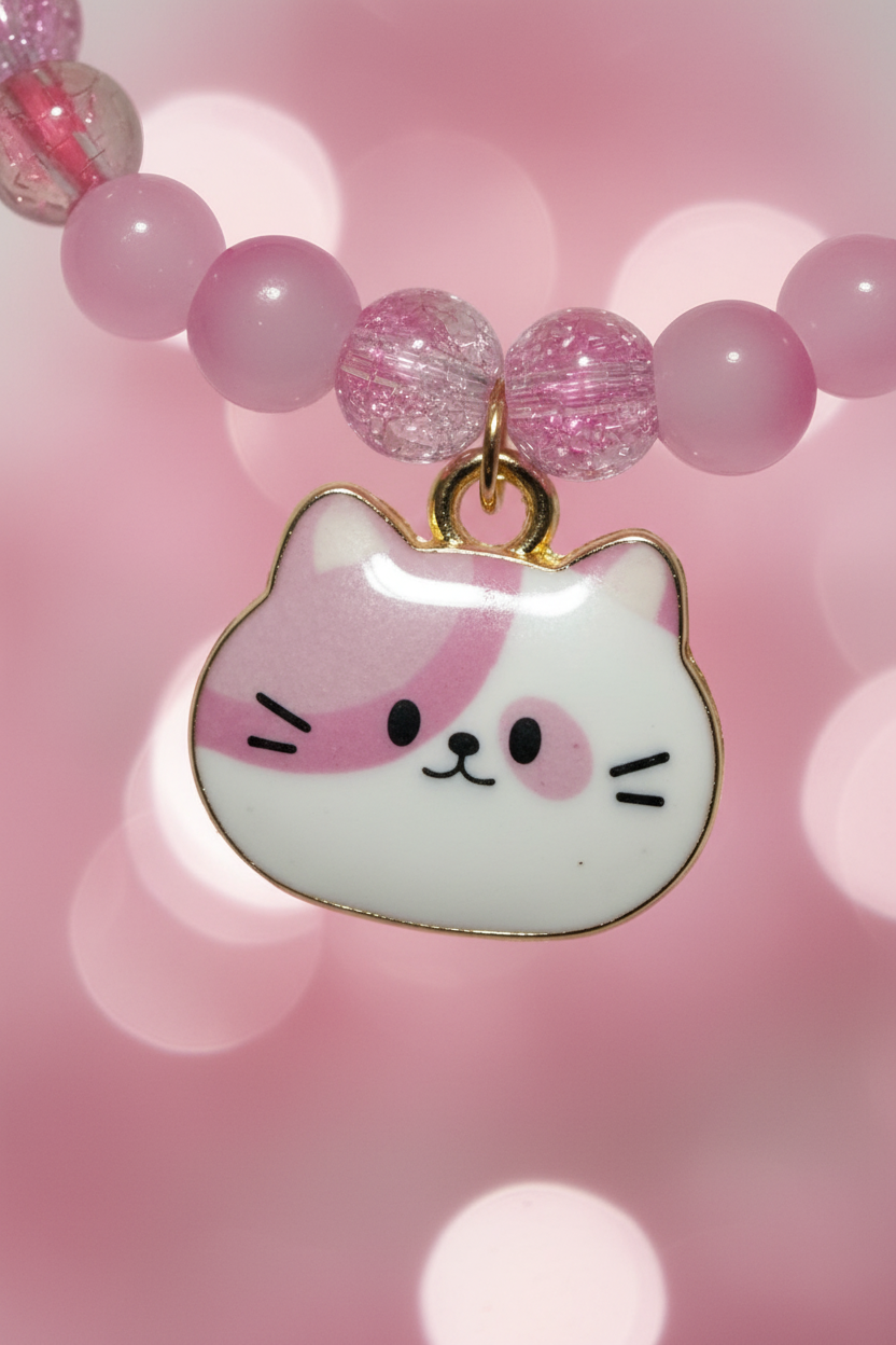 Pink Cat Charm Beaded Bracelet
