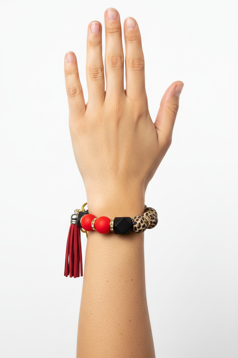 Red, Black & Leopard Tassel Keychain Bracelet