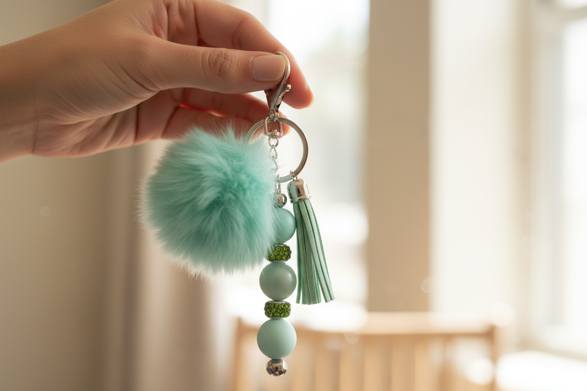 Mint Pom Pom & Rhinestone Beaded Keychain