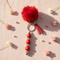 Red Pom-Pom Beaded Keychain with Tassel