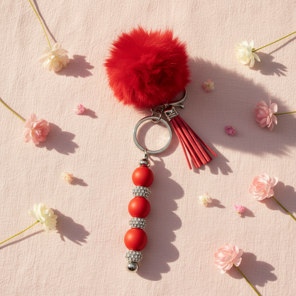 Red Pom-Pom Beaded Keychain with Tassel