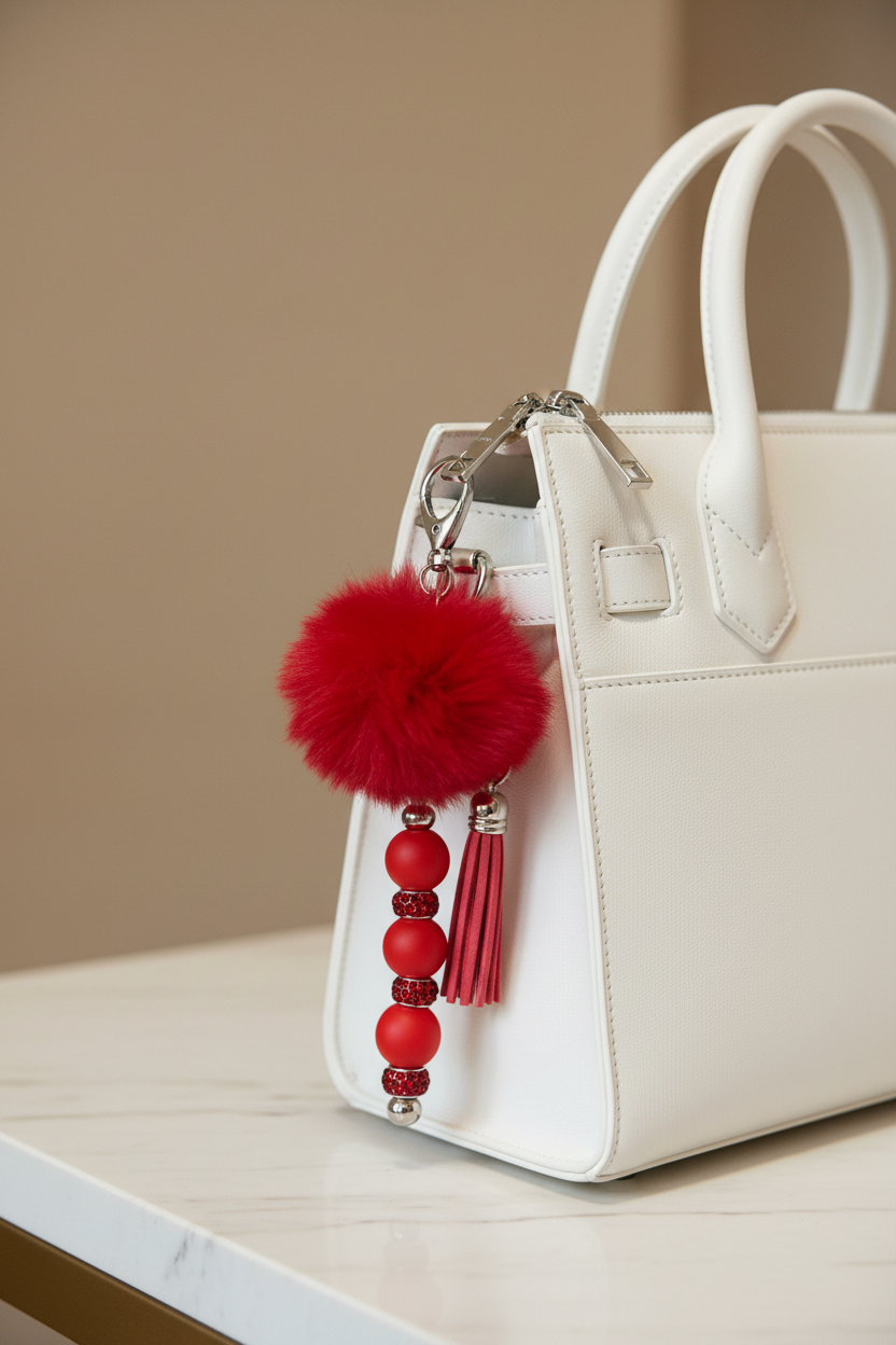 Red Pom-Pom Beaded Keychain with Tassel