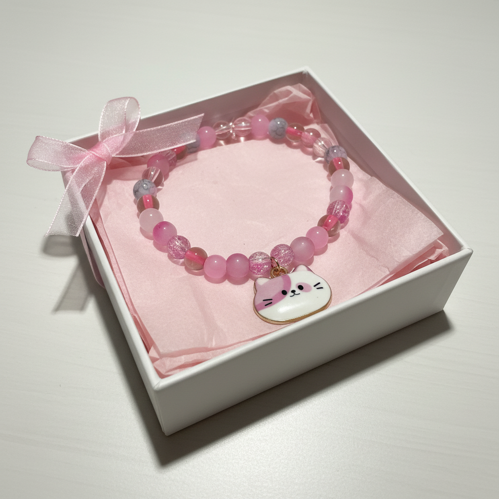 Pink Cat Charm Beaded Bracelet