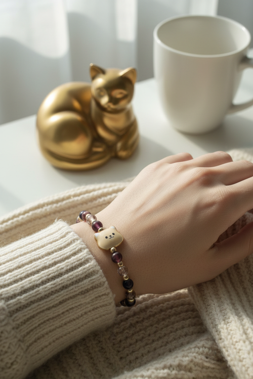 Beige Cat Charm Beaded Bracelet