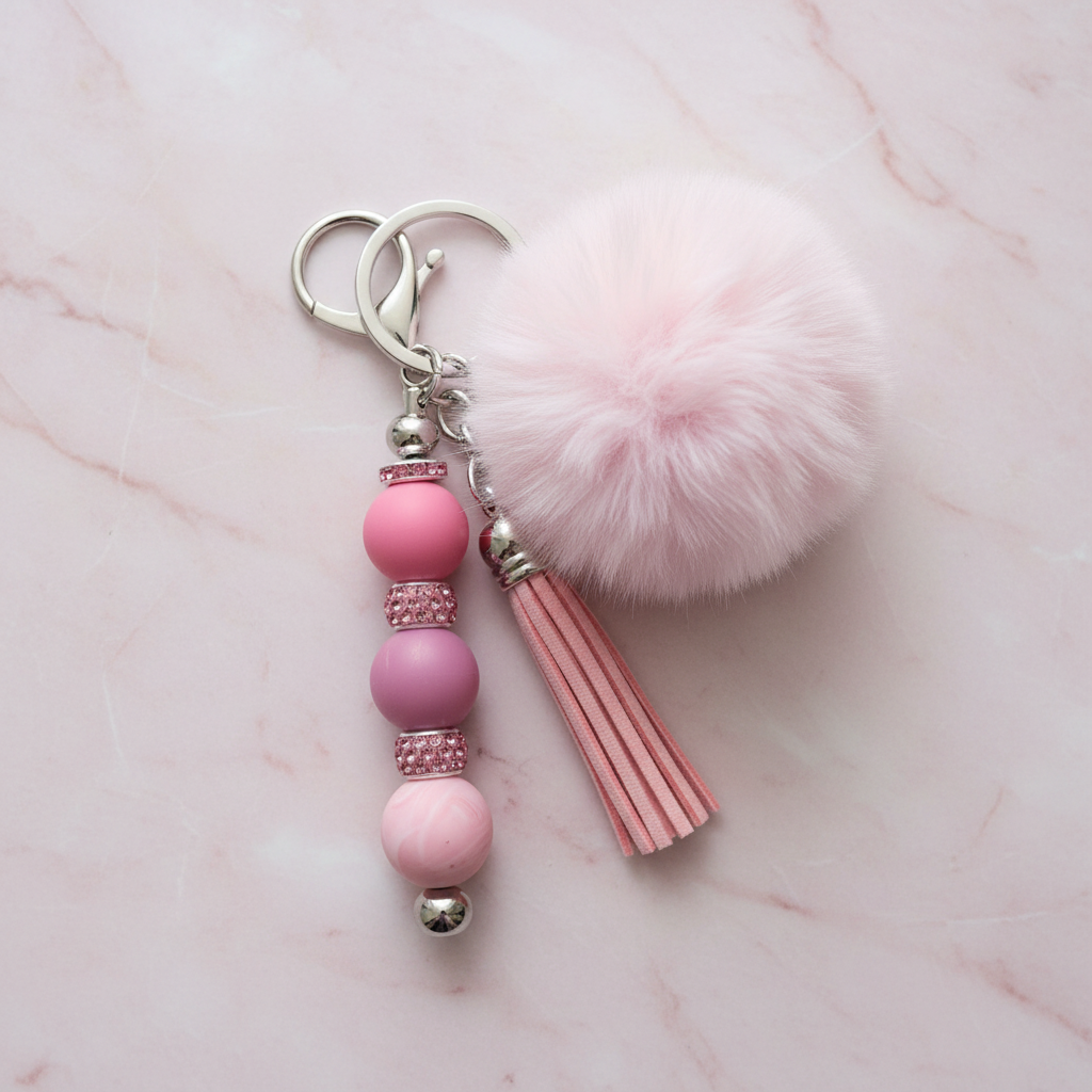 Blush Pink Pom Pom & Tassel Keychain