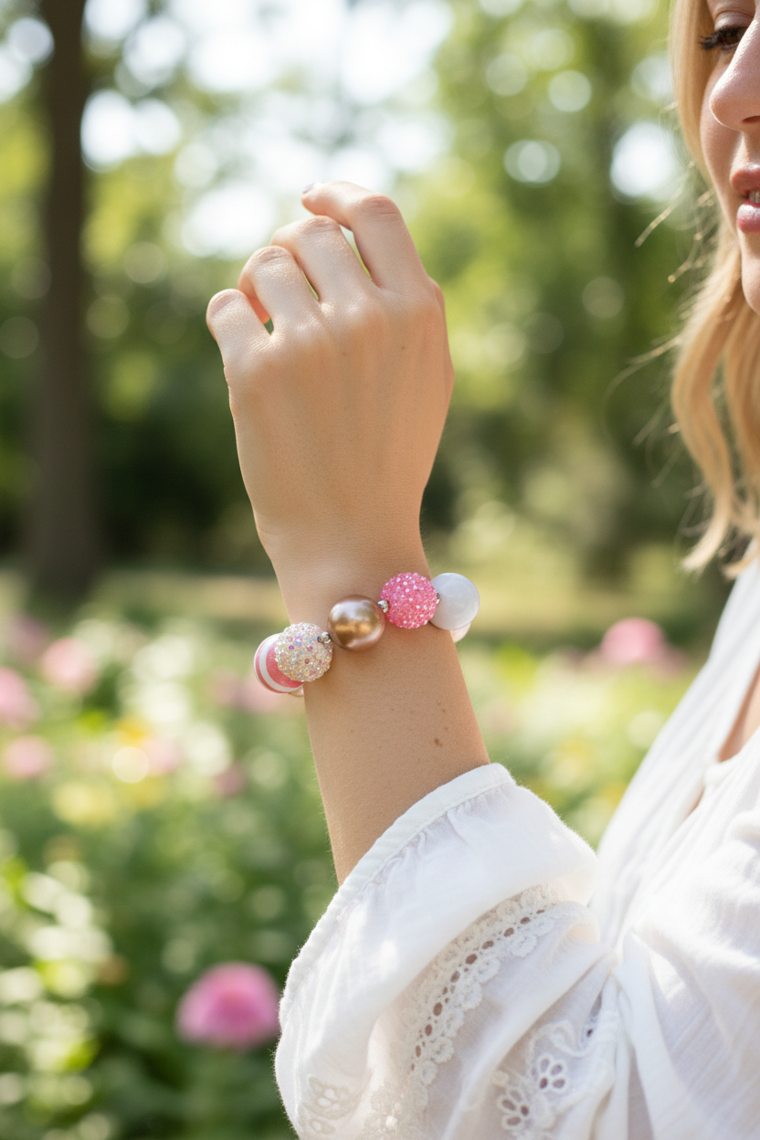 Pink & Gold Chunky Bubblegum Bead Bracelet