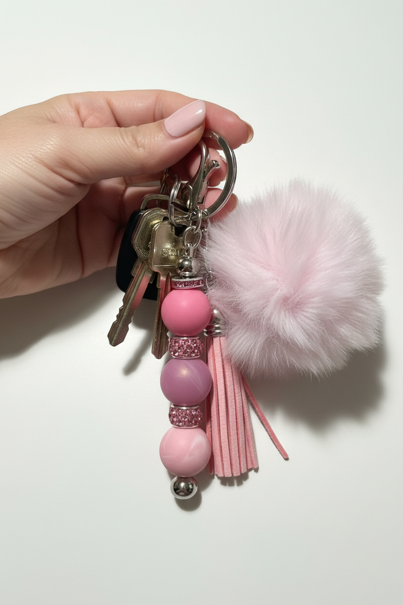 Blush Pink Pom Pom & Tassel Keychain