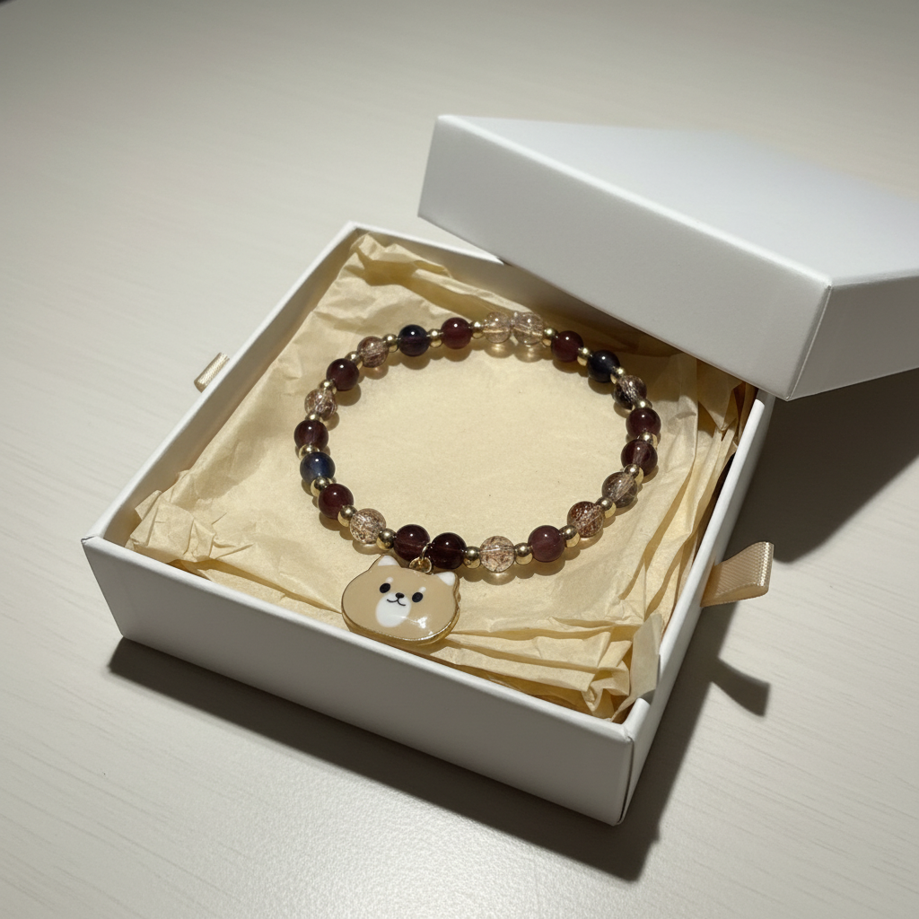 Beige Cat Charm Beaded Bracelet