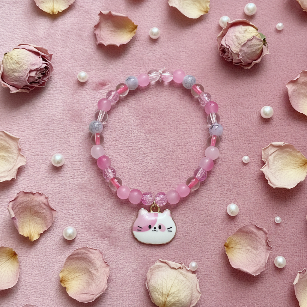 Pink Cat Charm Beaded Bracelet
