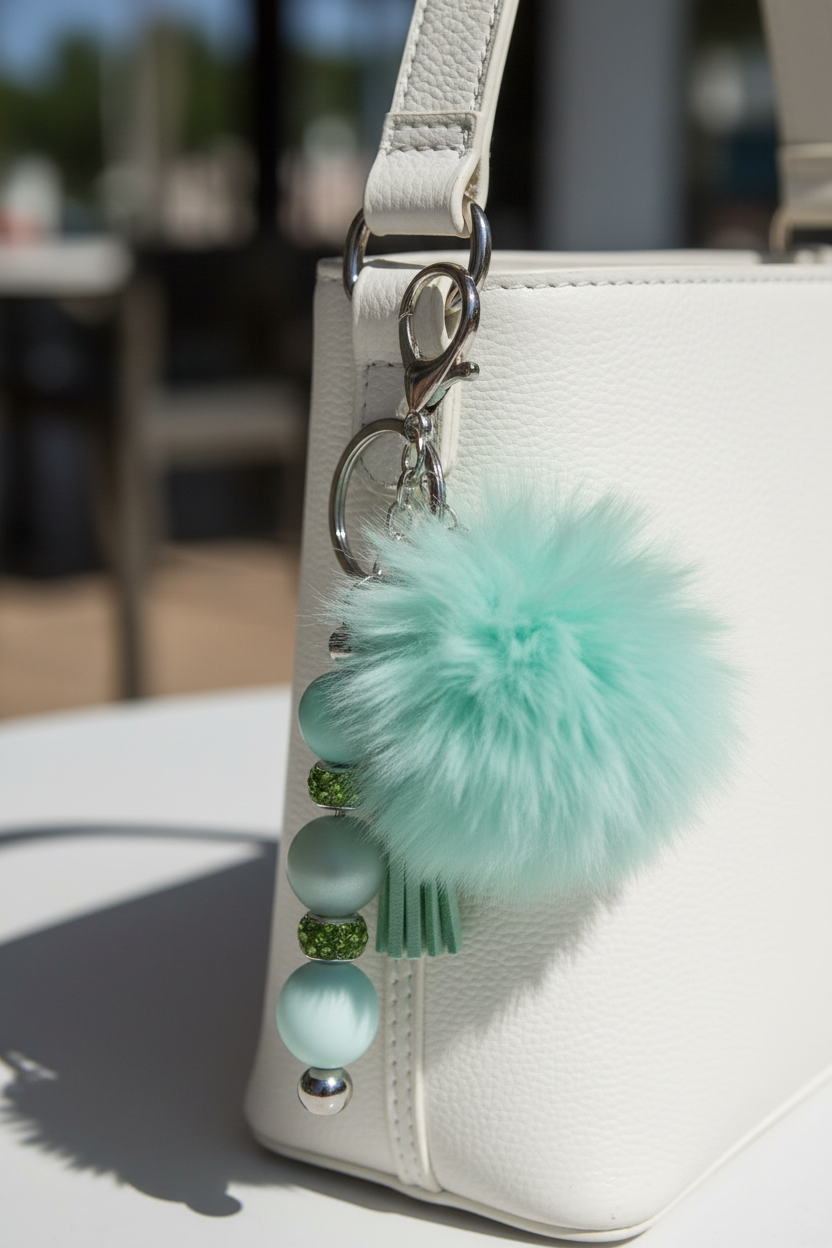Mint Pom Pom & Rhinestone Beaded Keychain