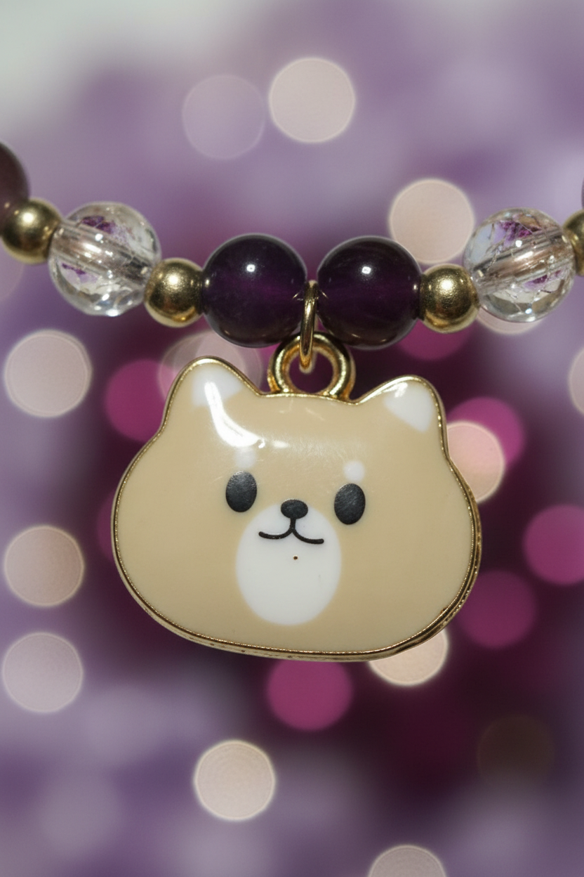 Beige Cat Charm Beaded Bracelet