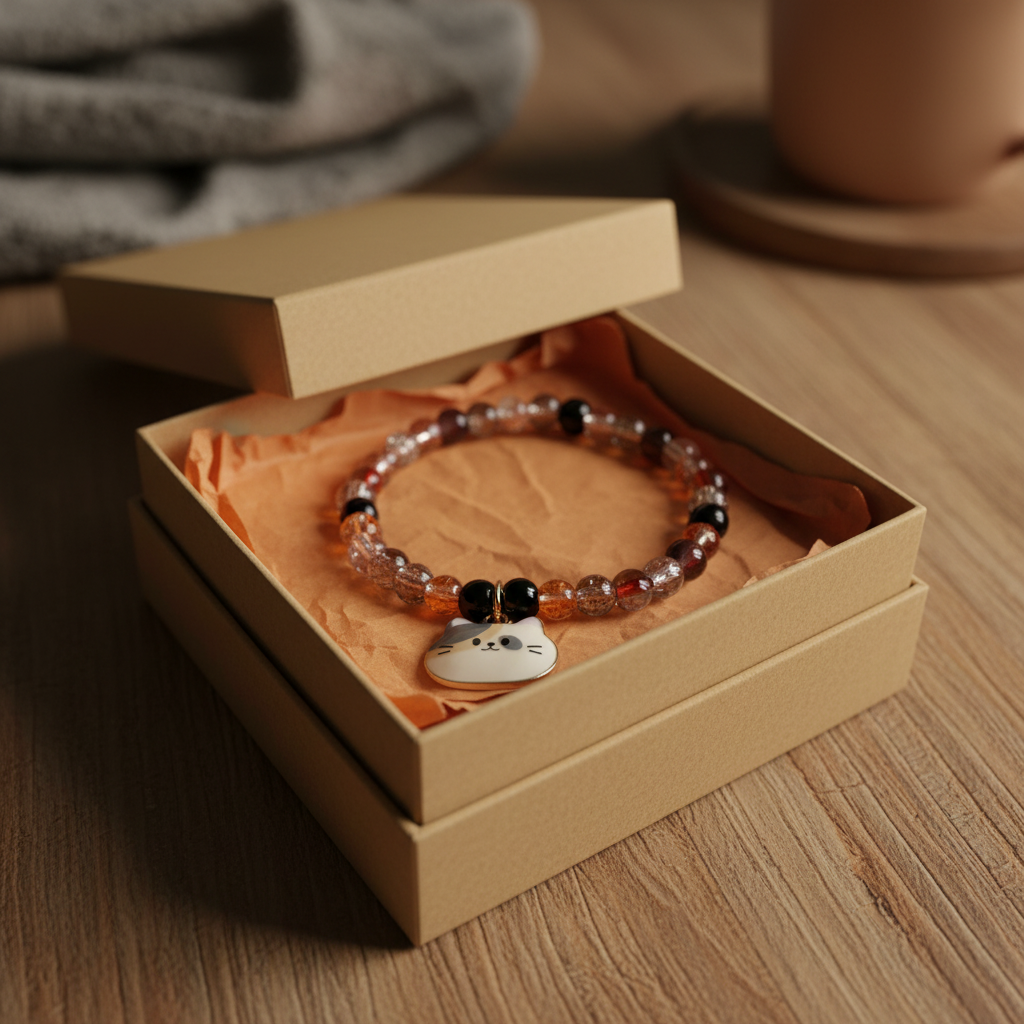 Amber Tabby Cat Charm Beaded Bracelet
