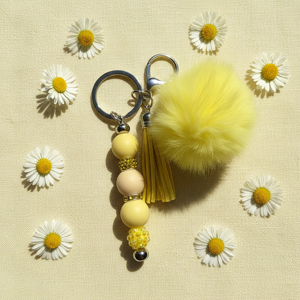 Yellow Pom-Pom Beaded Keychain with Tassel
