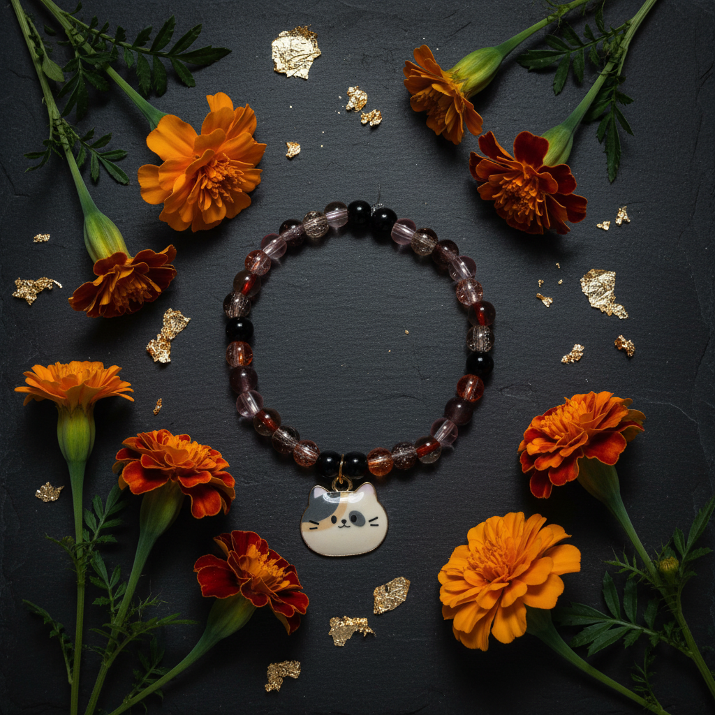 Amber Tabby Cat Charm Beaded Bracelet
