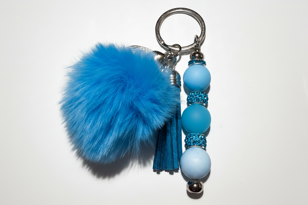 Blue Pom Pom & Rhinestone Beaded Keychain with tassel