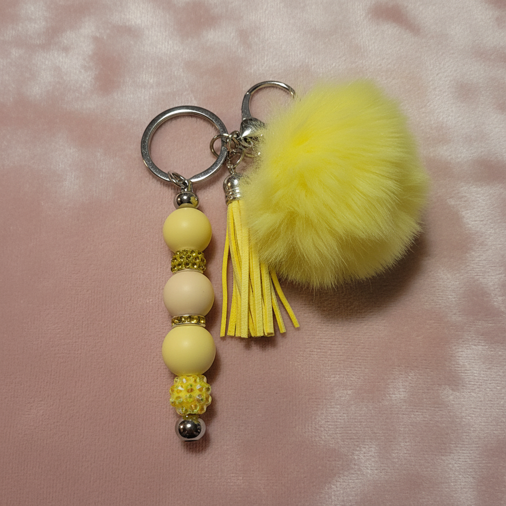 Yellow Pom-Pom Beaded Keychain with Tassel