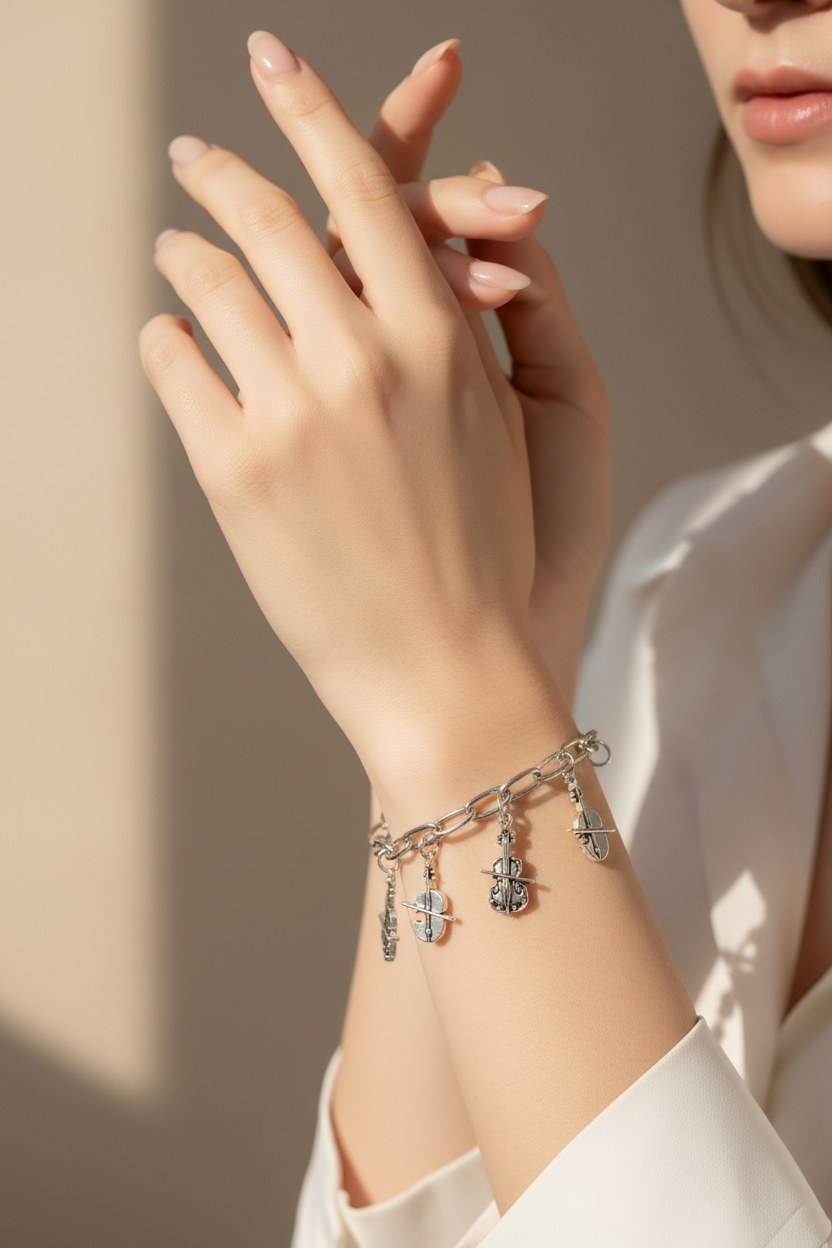 Silver Violin Charm Bracelet