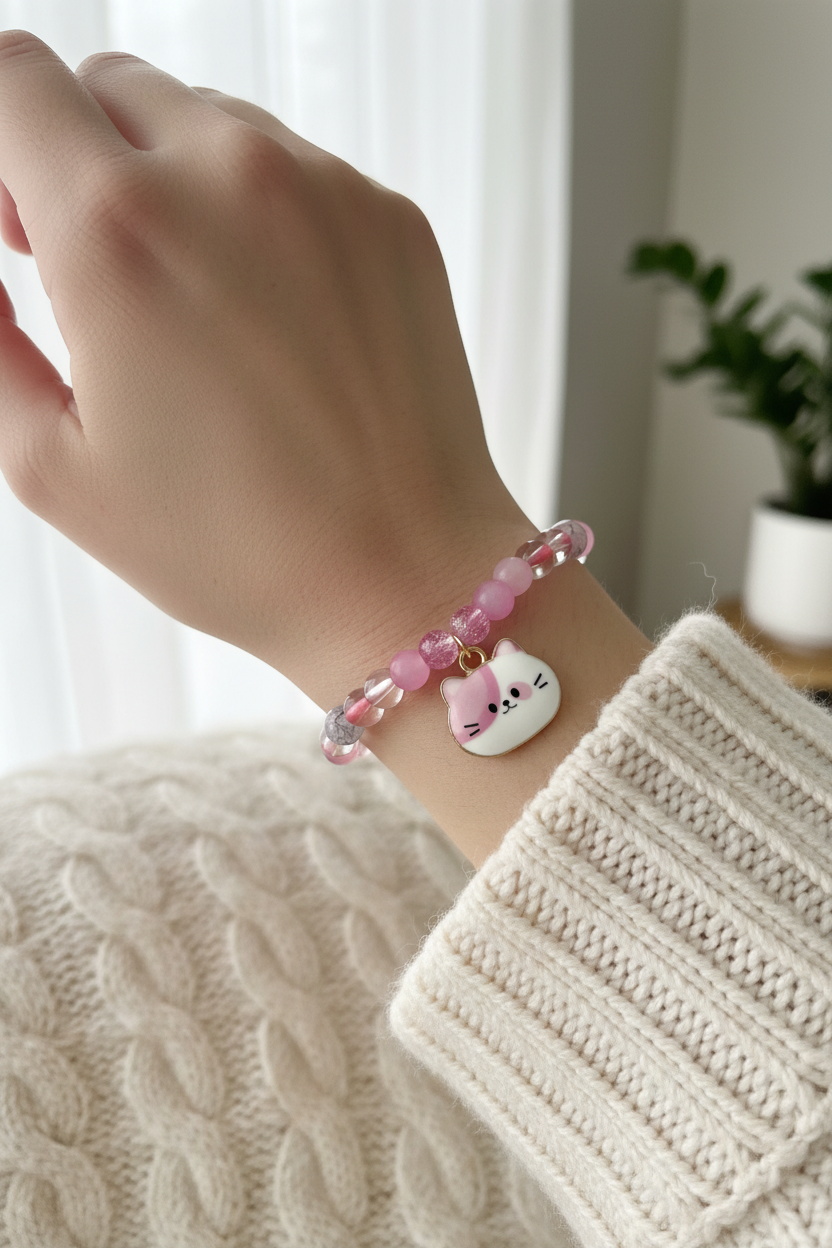 Pink Cat Charm Beaded Bracelet