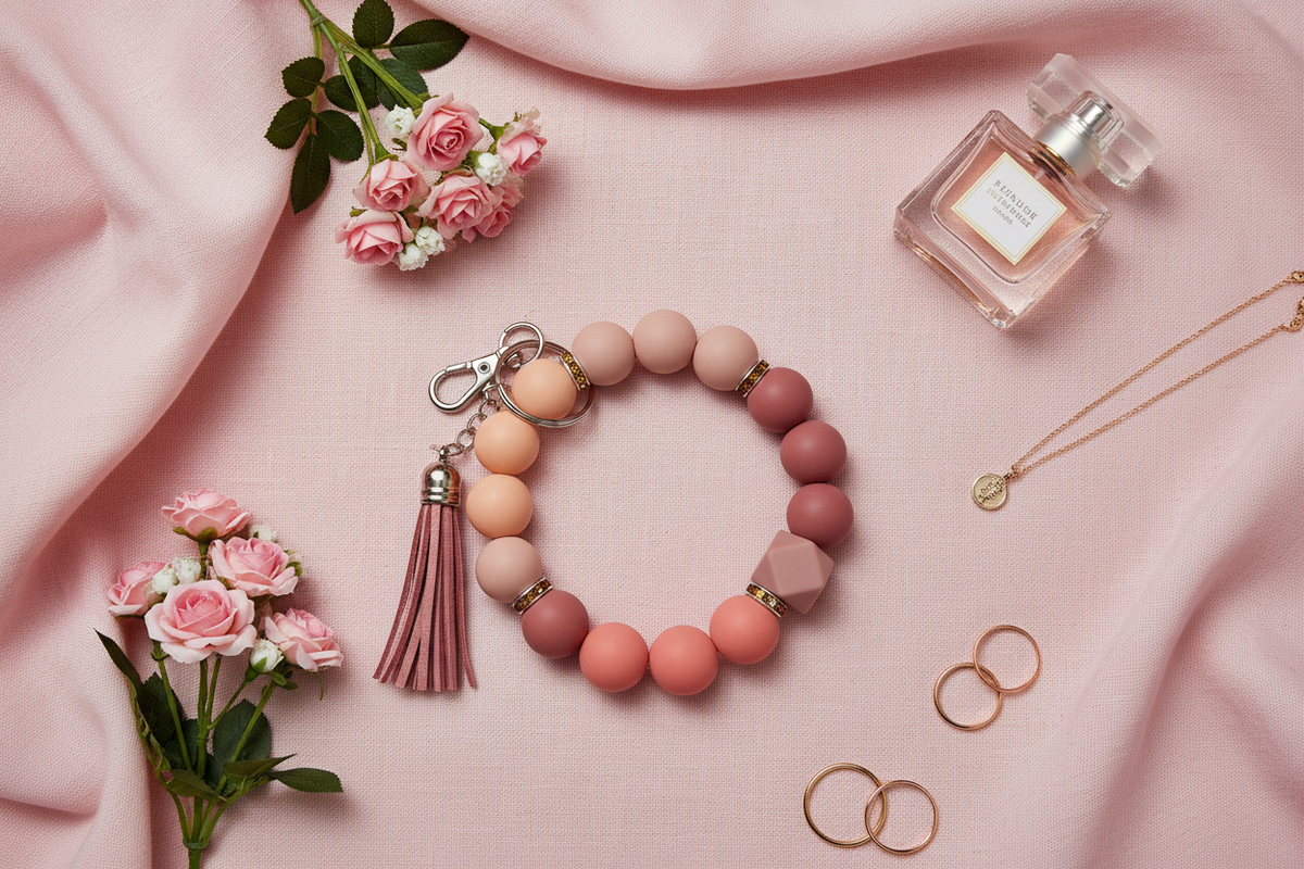 Rosé Bloom Beaded Wristlet Keychain