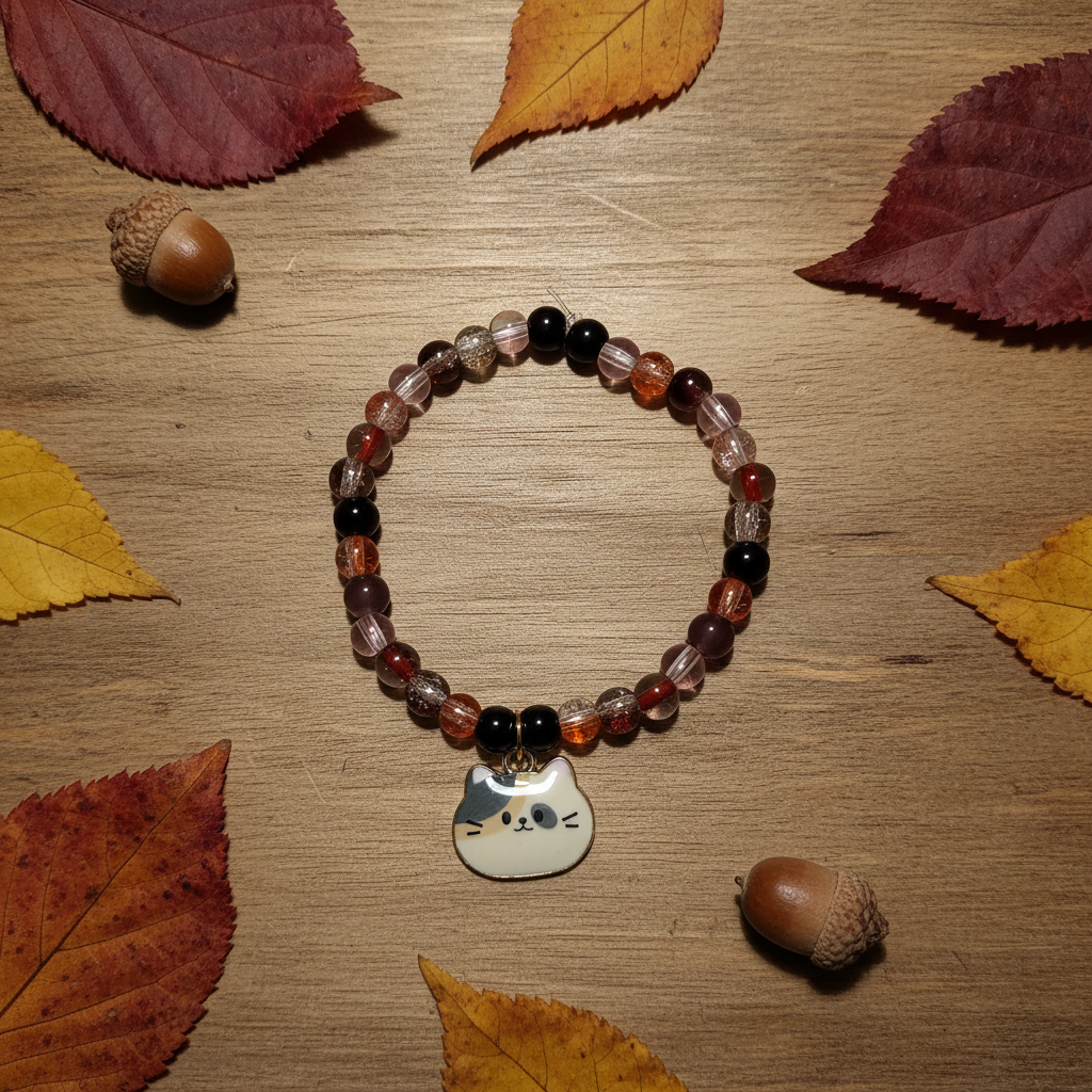Amber Tabby Cat Charm Beaded Bracelet