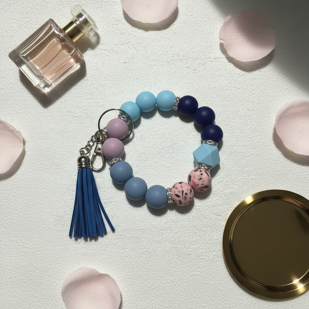 Blue Bliss Beaded Wristlet Keychain