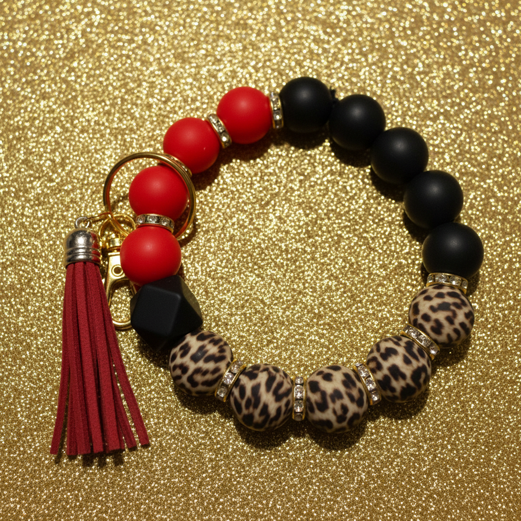 Red, Black & Leopard Tassel Keychain Bracelet