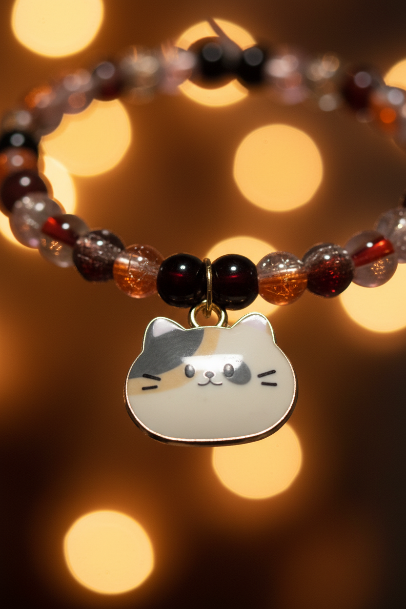 Amber Tabby Cat Charm Beaded Bracelet