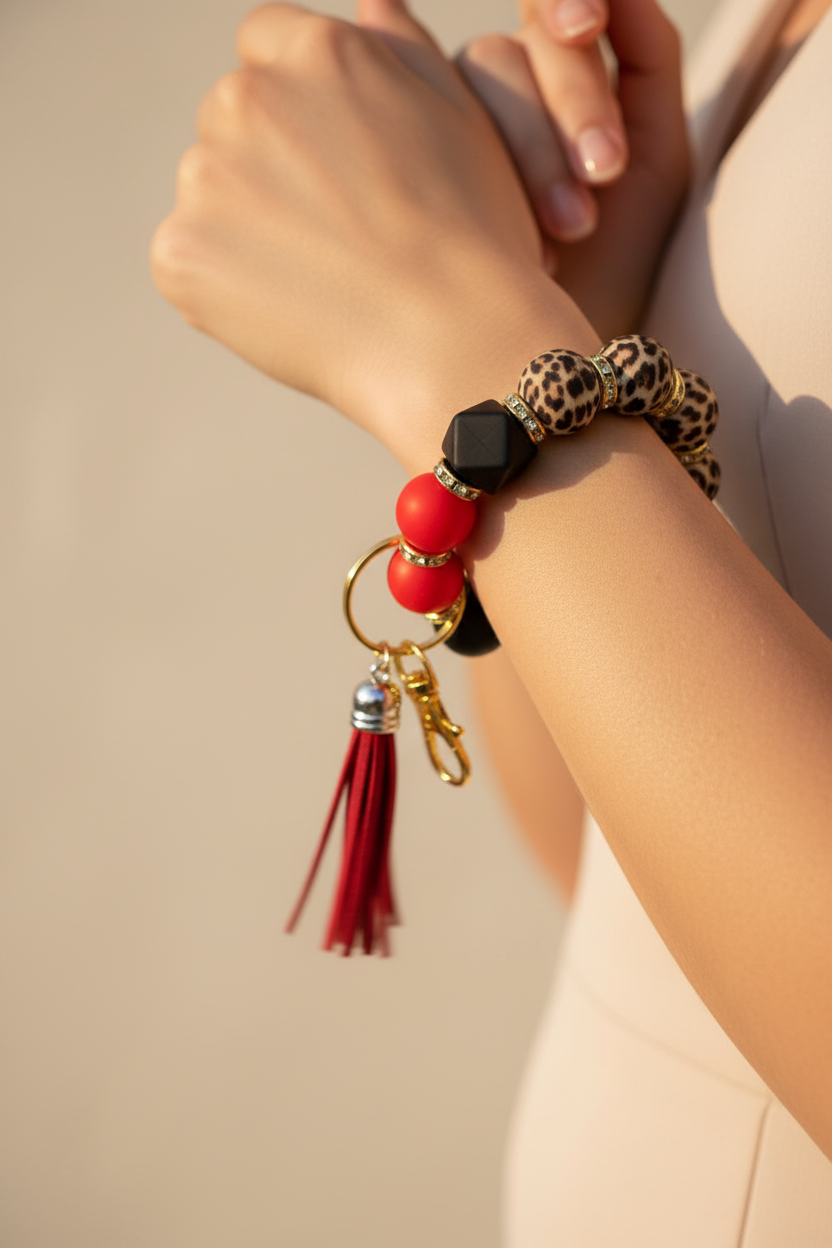 Red, Black & Leopard Tassel Keychain Bracelet