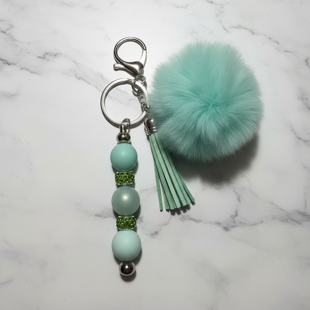 Mint Pom Pom & Rhinestone Beaded Keychain