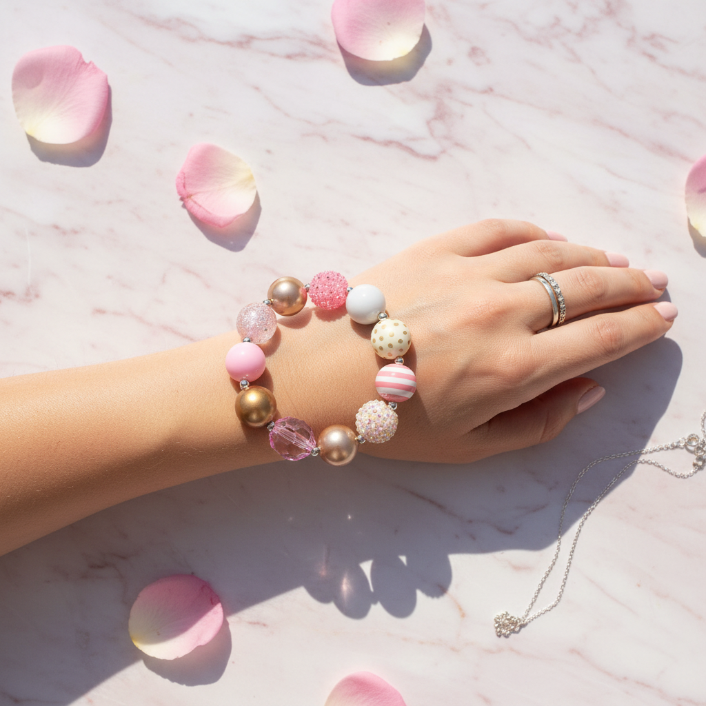 Pink & Gold Chunky Bubblegum Bead Bracelet