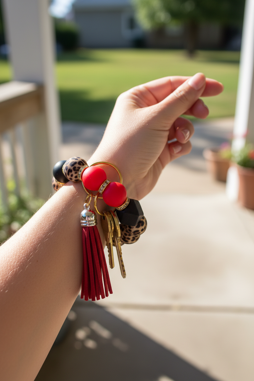 Red, Black & Leopard Tassel Keychain Bracelet