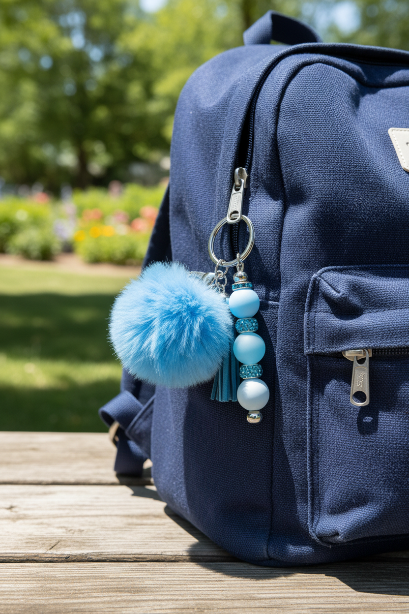 Blue Pom Pom & Rhinestone Beaded Keychain with tassel