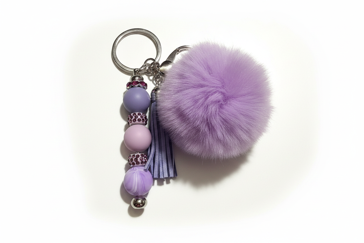 Lavender Pom Pom Beaded Keychain