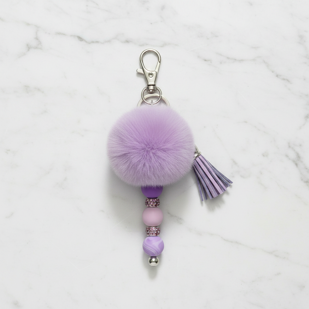 Lavender Pom Pom Beaded Keychain