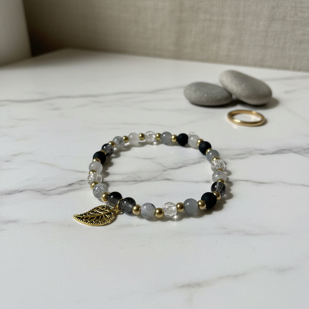 Black & Gray Beaded Bracelet with Gold Leaf Charm
