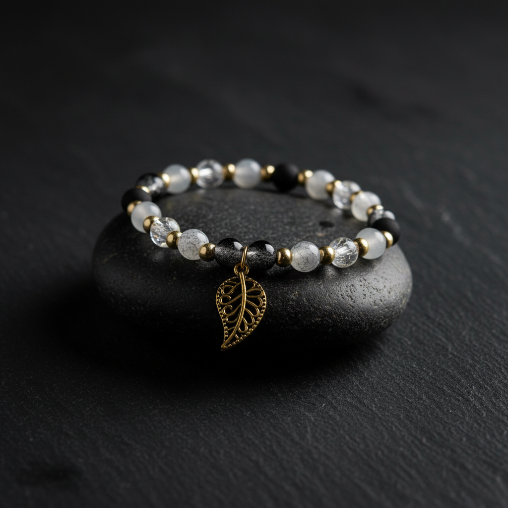 Black & Gray Beaded Bracelet with Gold Leaf Charm