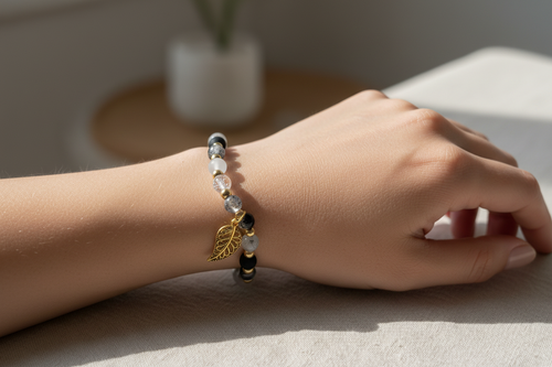 Black & Gray Beaded Bracelet with Gold Leaf Charm