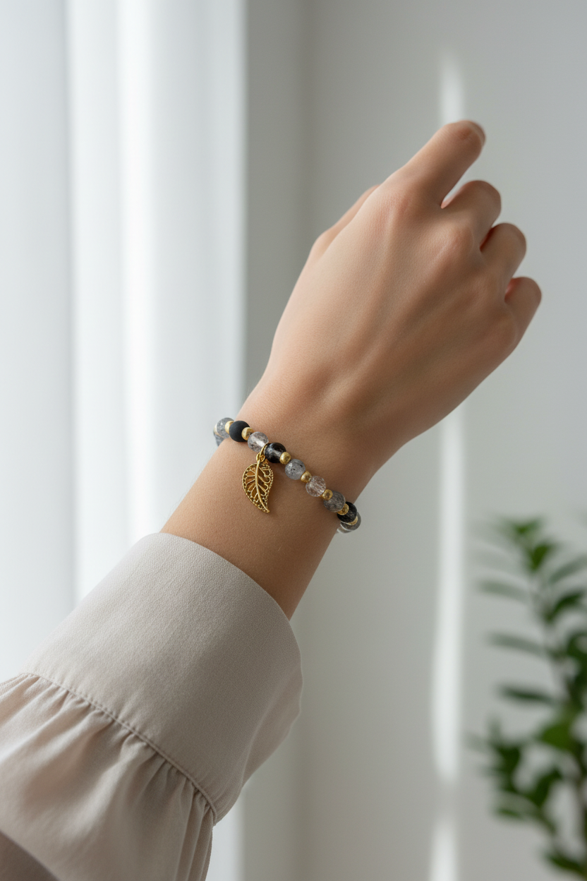 Black & Gray Beaded Bracelet with Gold Leaf Charm