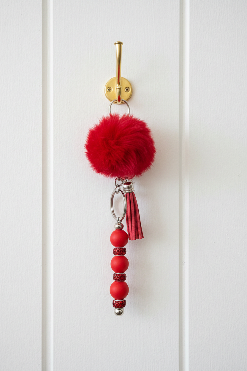 Red Pom-Pom Beaded Keychain with Tassel