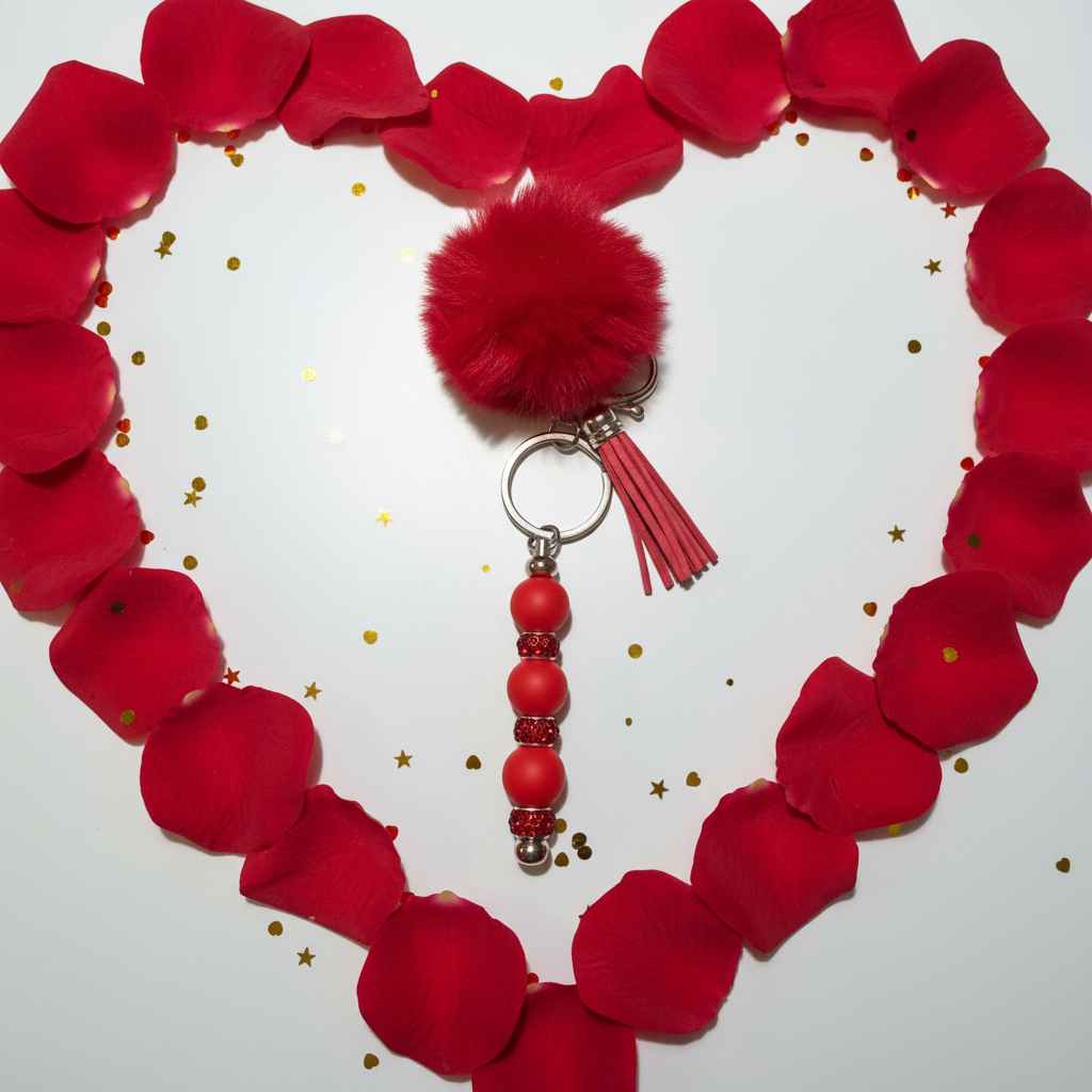 Red Pom-Pom Beaded Keychain with Tassel