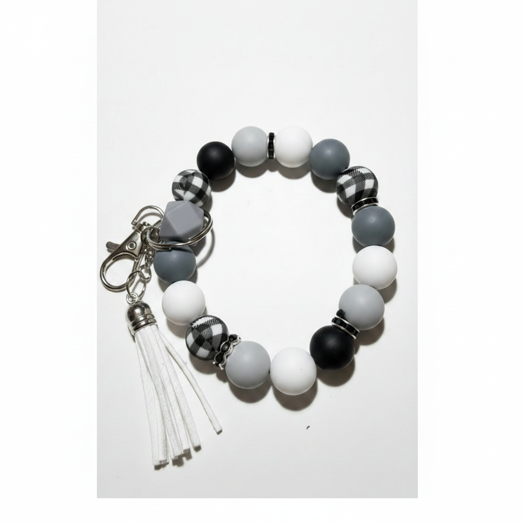 Plaid , Black, and Gray Beaded Wristlet Keychain with Tassel