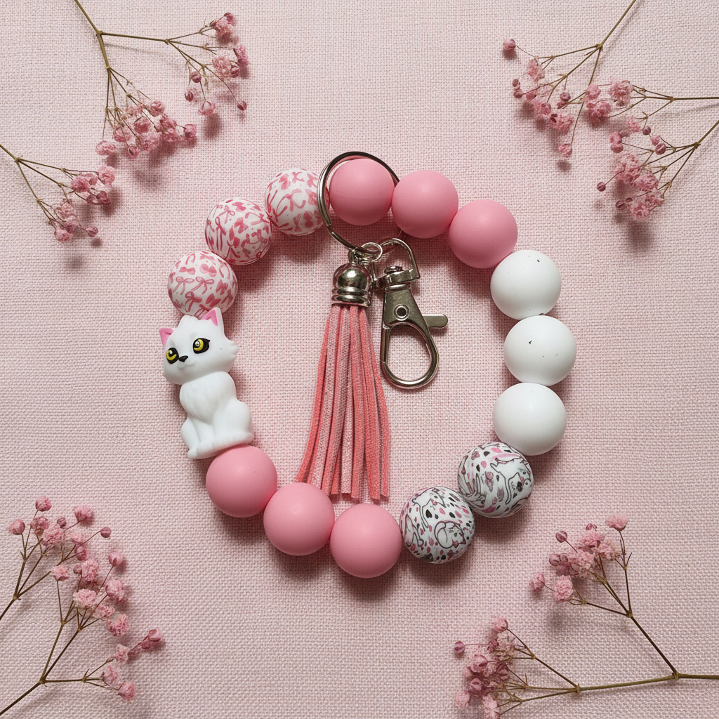 Purrfect Pink Cat Wristlet Keychain