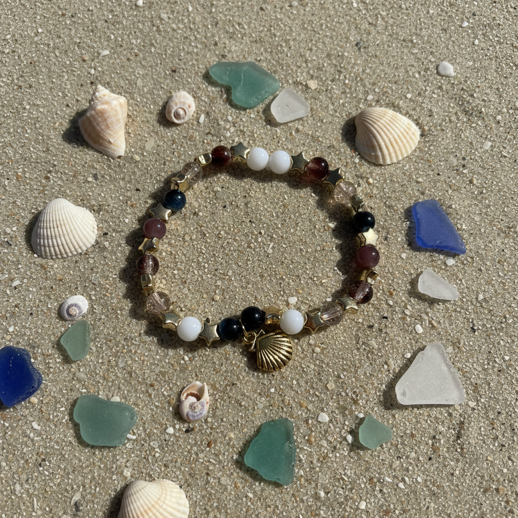 Ocean Star Beaded Bracelet with Gold Seashell Charm