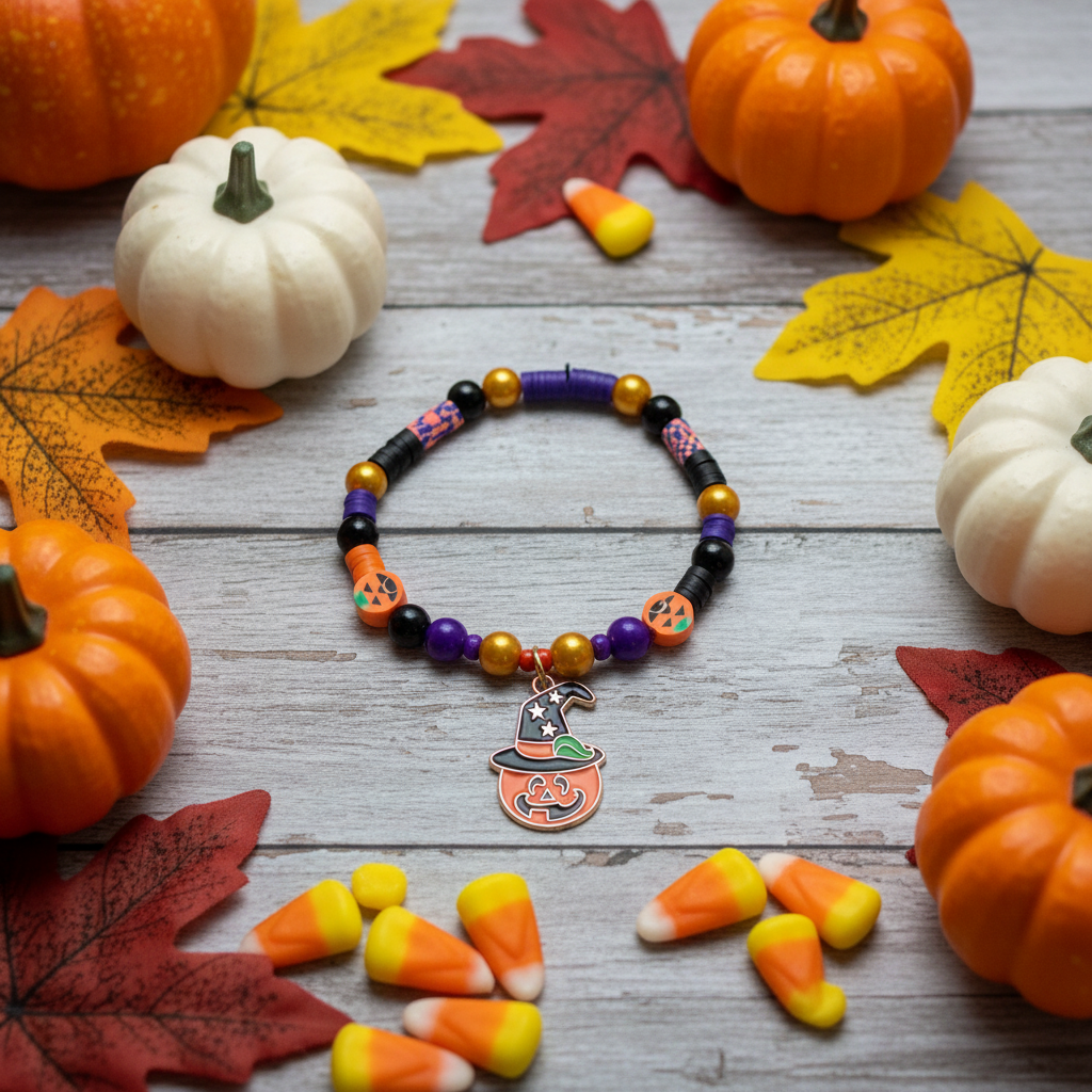 Spooky Season Pumpkin Witch Beaded Bracelet