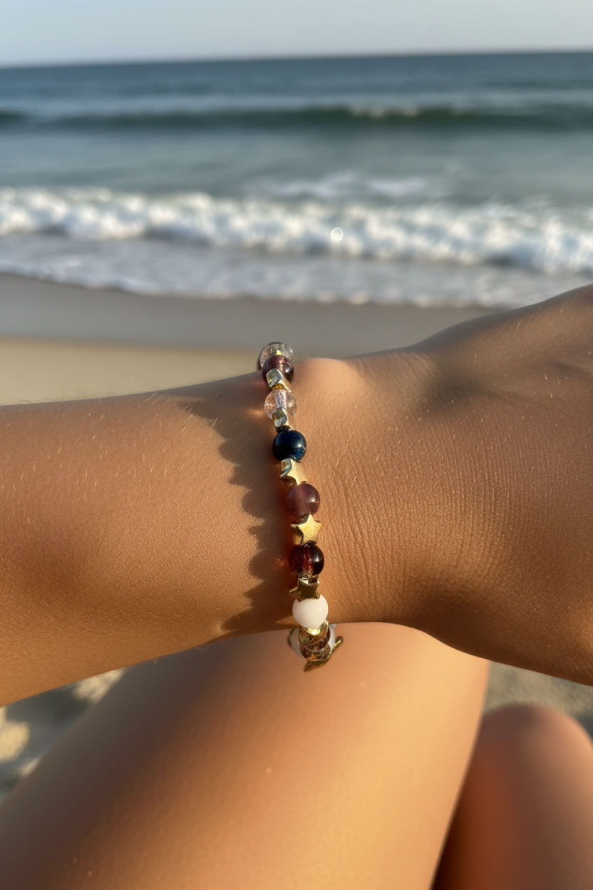 Ocean Star Beaded Bracelet with Gold Seashell Charm