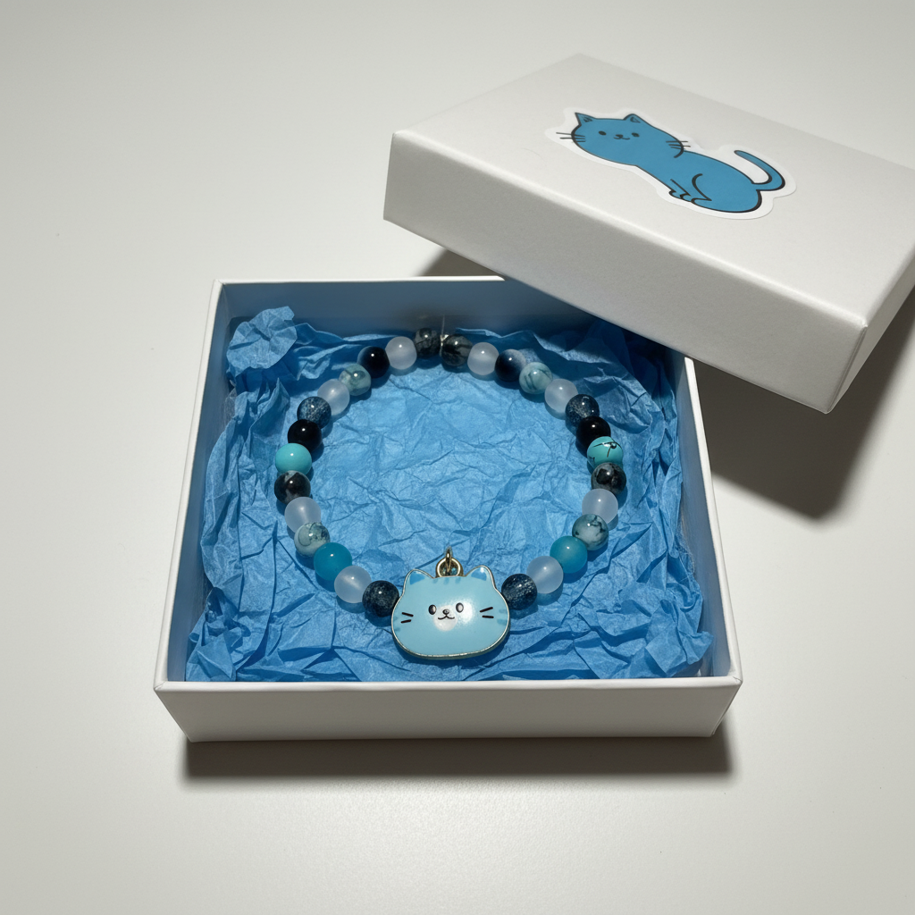 Blue Cat Charm Beaded Bracelet